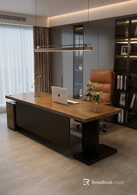 Contemporary Solid Wood Office Desk With Brown Leather Chair For Comfortable Elegant Home Working Space 3d model 
