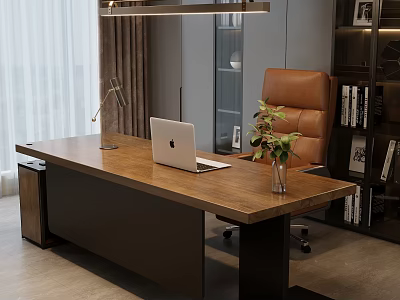 Contemporary Solid Wood Office Desk With Brown Leather Chair For Comfortable Elegant Home Working Space 3d model