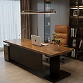 Contemporary Solid Wood Office Desk With Brown Leather Chair For Comfortable Elegant Home Working Space