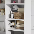 White Open Bathroom Cabinet With Shelves Towel Storage Baskets And Decorative Items