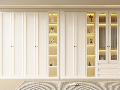 Modern White Wardrobe Interior Design With Lighted Display Shelves And Decorative Items 3d model