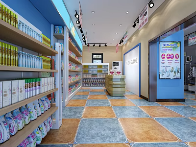 Modern Retail Store Interior With Shelves Products Blue Walls And Tile Floor 3d model