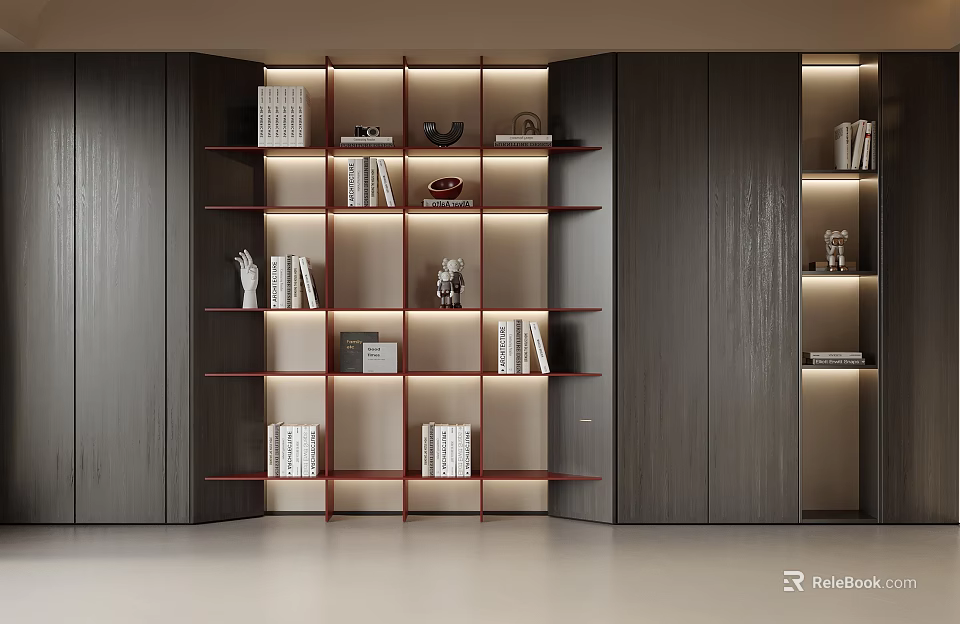 Modern Wooden Bookshelf With Layered Shelves Lighting Books And Decorative Ornaments 3d model 