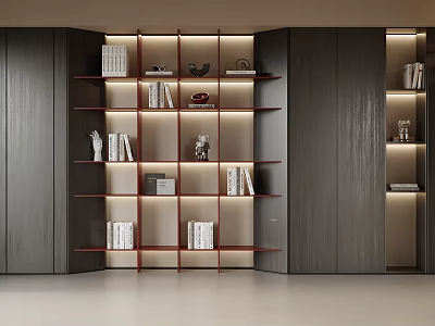 Modern Wooden Bookshelf With Layered Shelves Lighting Books And Decorative Ornaments 3d model