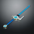 Blue Glowing Long Handled Weapon With Circular Blue Gem And Metallic Accents