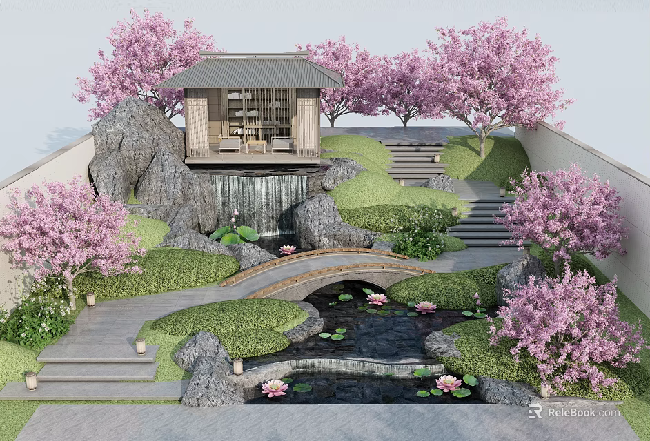 Rockery Stones Landscape with Cherry Blossom Trees Waterfall Small Pavilion and Pond with Lotus Flowers 3d model 