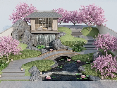 New Chinese style landscape courtyard garden landscape leisure pavilion leisure tea room rockery stacked water lotus pond bridge cherry blossom 3d model