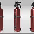 Three Red Portable Fire Extinguishers With Metal Cylinders And Handles