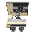 Modern Office Desk With Wooden Tabletop Gray Panel Black Ergonomic Chairs And Cabinet