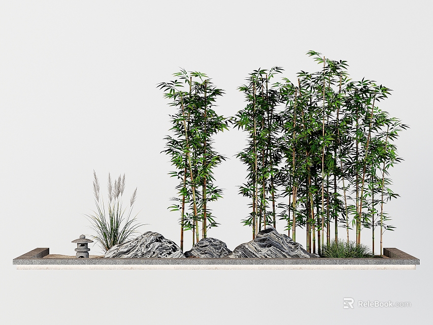 Bonsai Planter With Bamboo Plants Decorative Stones Grass And Small Stone Lantern On White Background 3d model 