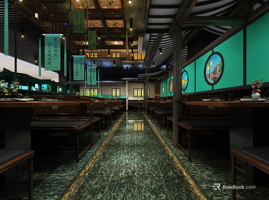Traditional Chinese Restaurant Interior With Green Walls Wooden Tables And Lantern Decorations 3d model 