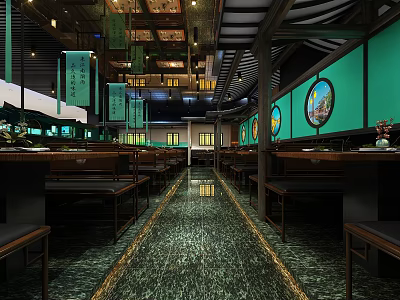 Traditional Chinese Restaurant Interior With Green Walls Wooden Tables And Lantern Decorations 3d model