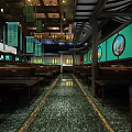 Traditional Chinese Restaurant Interior With Green Walls Wooden Tables And Lantern Decorations