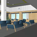 Modern Spacious Service Hall Interior With Blue Sofas White Columns And Wooden Counters 3d model