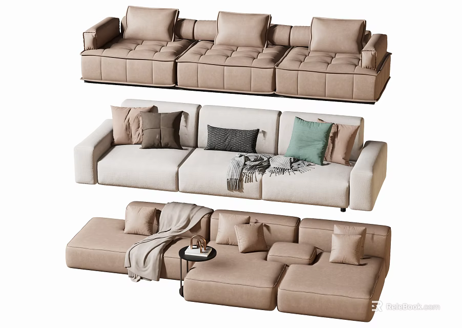 Modern Two Seater Sofa With Beige Cream Upholstery Comfortable Pillows And Throw Blanket 3d model 