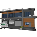 Modern Garbage Transfer Station Building with Three Garage Doors and Garbage Truck Parked Outside