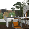 Outdoor Garden Landscape Design With Wooden Deck Marble Countertop Rattan Swing Chair And Green Plants