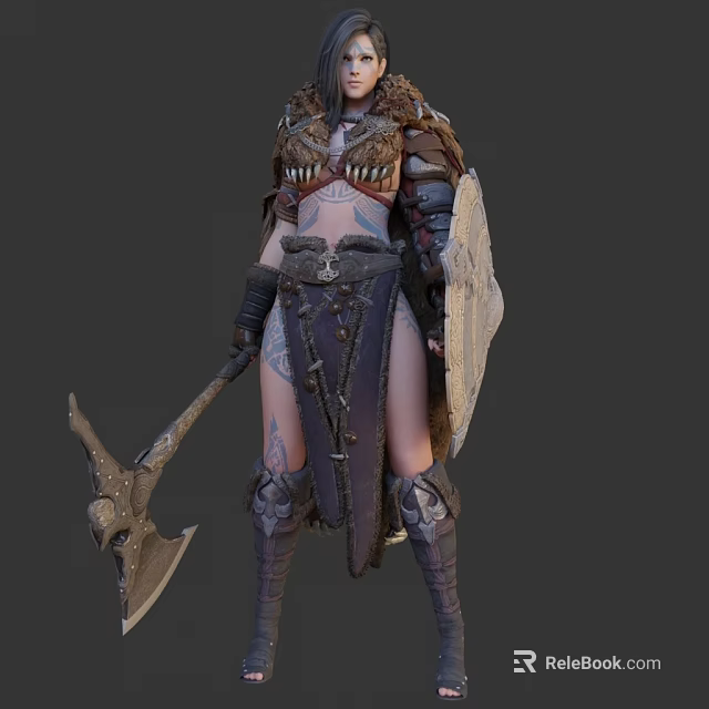 Woman In Detailed Warrior Armor Holding Battle Axe And Decorative Shield With Tattoos 3d model 