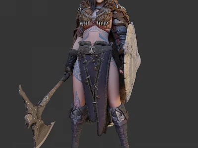Woman In Detailed Warrior Armor Holding Battle Axe And Decorative Shield With Tattoos 3d model