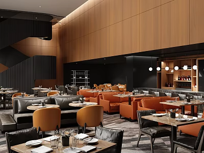 Modern Café Featuring Wooden Walls Black Staircase Orange Seats Round Pendant Lights Tableware Setup 3d model