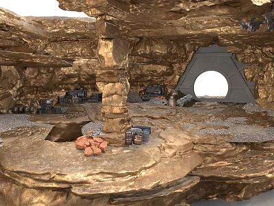 Rocky Cave Interior Design With Stone Pillars Triangular Entrance And Equipment 3d model