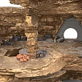 Rocky Cave Interior Design With Stone Pillars Triangular Entrance And Equipment