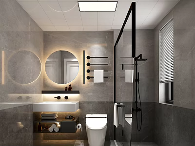 Modern Bathroom With Gray Tiles Round Mirror Glass Shower Partition White Toilet Vanity And Lighting 3d model