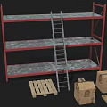 Industrial Storage Shelves With Red Frame Metal Tiers Ladder Cardboard Boxes And Wooden Pallet