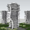 Modern High Rise Residential Building With Curved Design Glass Curtain Walls And Greenery
