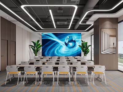 Modern Conference Room Interior With White Tables Chairs Large Screen Globe And Green Plants 3d model
