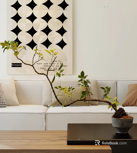 Bonsai Plant Decor In Modern Living Room With White Sofa And Wall Art 3d model 