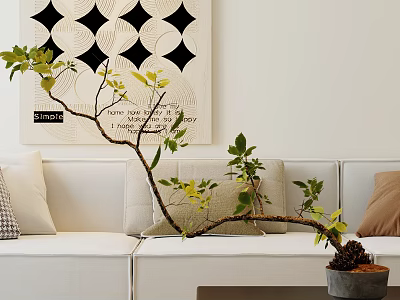 Bonsai Plant Decor In Modern Living Room With White Sofa And Wall Art 3d model