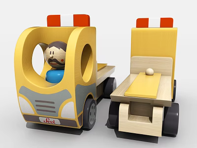 Electric Yellow Wooden Toy Cars with Red White Roof Lights Bearded Figure Trailer Ball 3d model