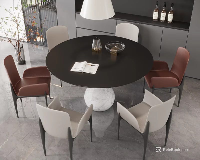 Modern Round Black Dining Table Set With White Pedestal Base Beige Brown Chairs 3d model