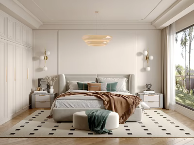 Modern Bedroom Interior Design With White Wardrobe Chandelier Area Rug And Bed 3d model