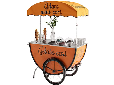 Gelato Mini Cart With Orange Canopy And Ice Cream Serving Items 3d model