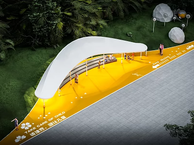 White Pergola With Benches And Yellow Pathway In Green Lawn With Trees And People Gathering 3d model