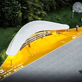White Pergola With Benches And Yellow Pathway In Green Lawn With Trees And People Gathering