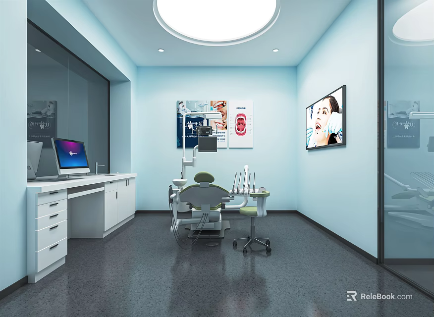 Dental Clinic Interior With Light Blue Walls Round Skylight Treatment Chair And Glass Partitions 3d model 