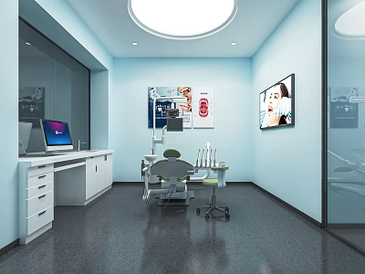 Dental Clinic Interior With Light Blue Walls Round Skylight Treatment Chair And Glass Partitions 3d model