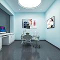 Dental Clinic Interior With Light Blue Walls Round Skylight Treatment Chair And Glass Partitions