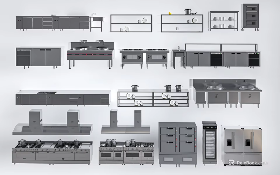 Various Kitchenware Collection With Cabinets Hoods Sinks Ovens And Appliances 3d model 