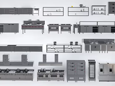 Various Kitchenware Collection With Cabinets Hoods Sinks Ovens And Appliances 3d model