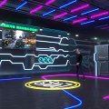 Metaverse Experience Space With VR Headset User And Neon Digital Lights
