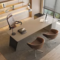 Modern Office Desk With Brown Leather Chairs Table Lamp Notebook And Natural Window View