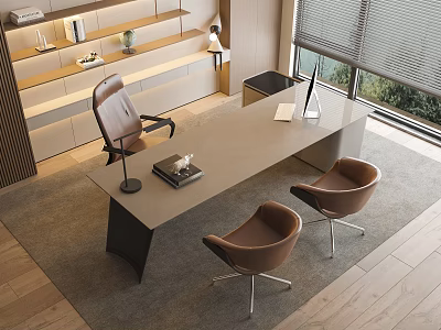 Modern Office Desk With Brown Leather Chairs Table Lamp Notebook And Natural Window View 3d model