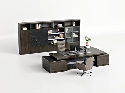 Modern Office Desk With Bookshelf Books Decorative Items Desk Lamp Potted Plant And Office Chair 3d model