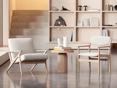 Modern Leisure Chairs With Light Gray Upholstery Wooden Legs And Side Table By Decorative Shelves 3d model