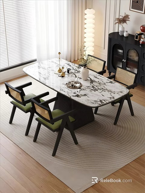 Modern Oval Marble Dining Table Set With Four Green Upholstered Chairs On Area Rug 3d model 