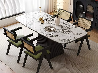 Modern Oval Marble Dining Table Set With Four Green Upholstered Chairs On Area Rug 3d model